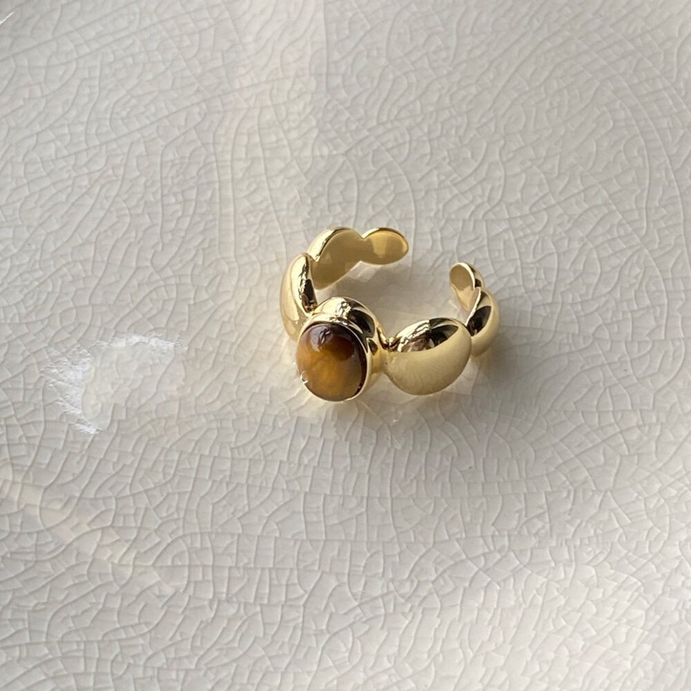 Gold Tiger Eye Open Ring Adjustable Statement Ring Minimalist Vintage Jewelry